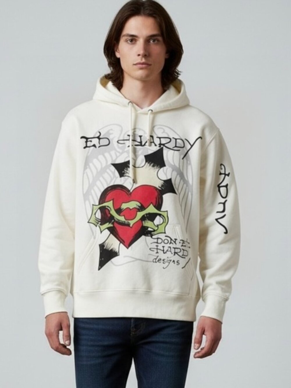 New Ed Hardy Hoodie Adult Medium “Love Kills Slowly” Heart & Dagger Ivory Unisex